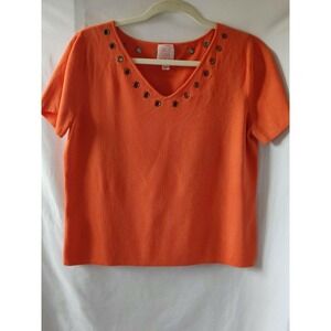 Pink Poodle Womens Short Sleeve Sweater Gold Grommets V-Neck Pullover‎ Size L